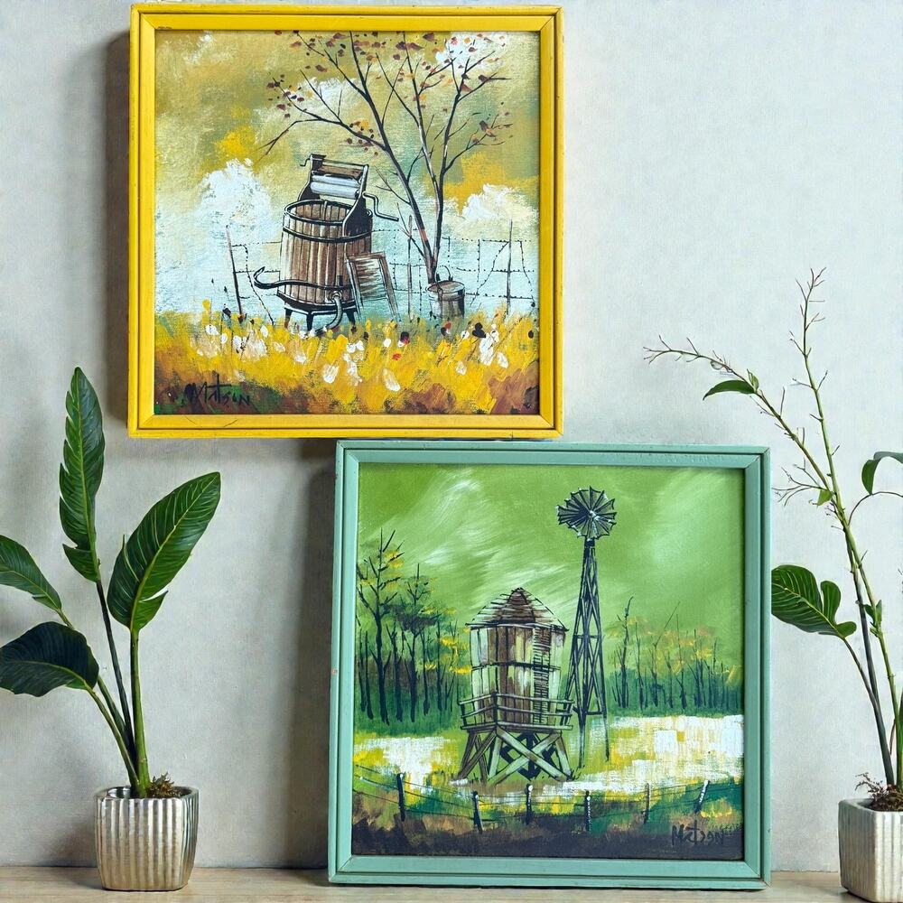 Vintage Framed Rustic Paintings Lot of 2 Signed Matson Landscape Silo Windmill